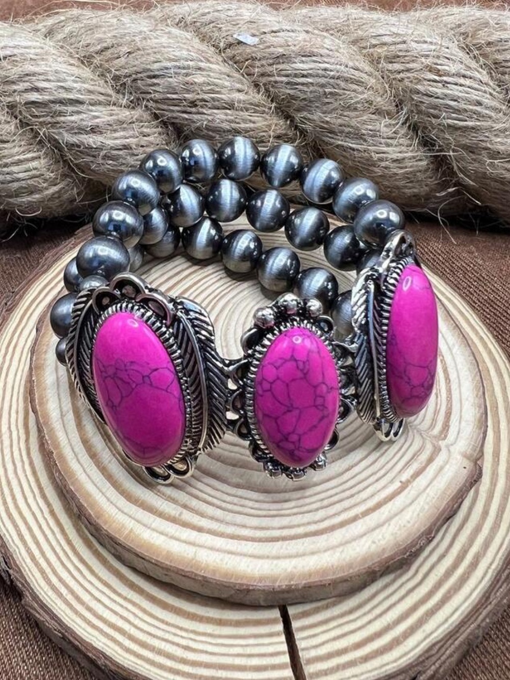 New! Western Boho Faux Pink Buffalo Turquoise and Silver Statement Bracelet
